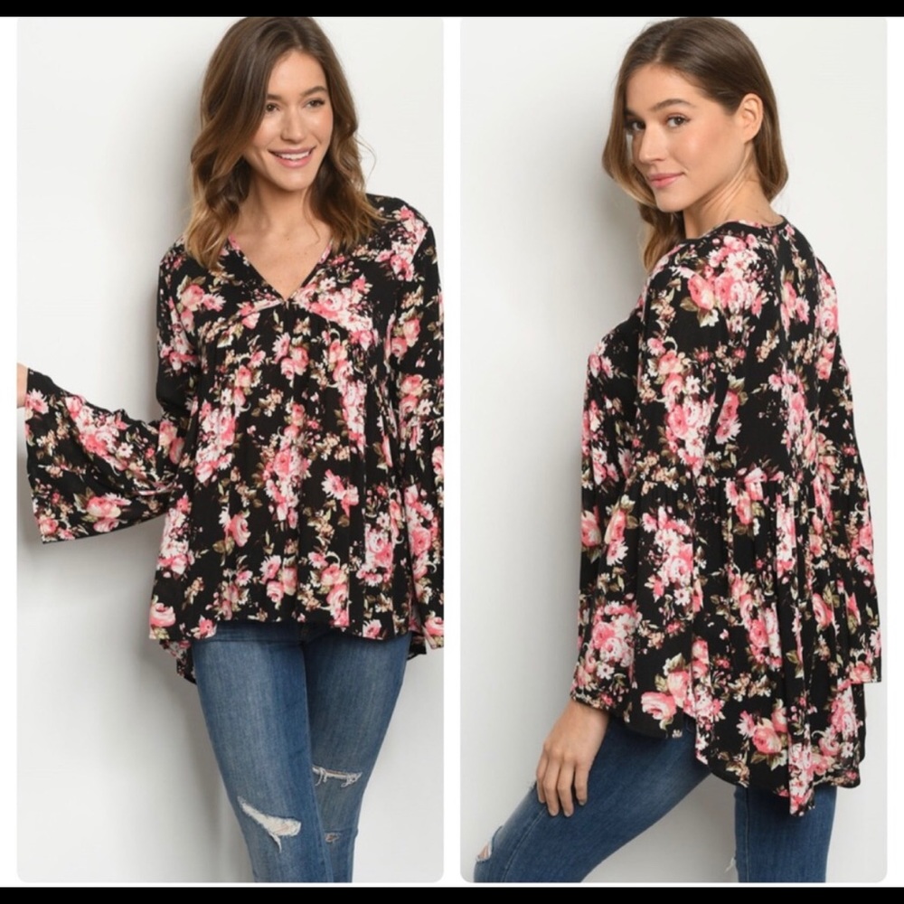 Chris & Carol Bohemian Floral Bell Sleeve Handkerchief Hem Top NWT Small